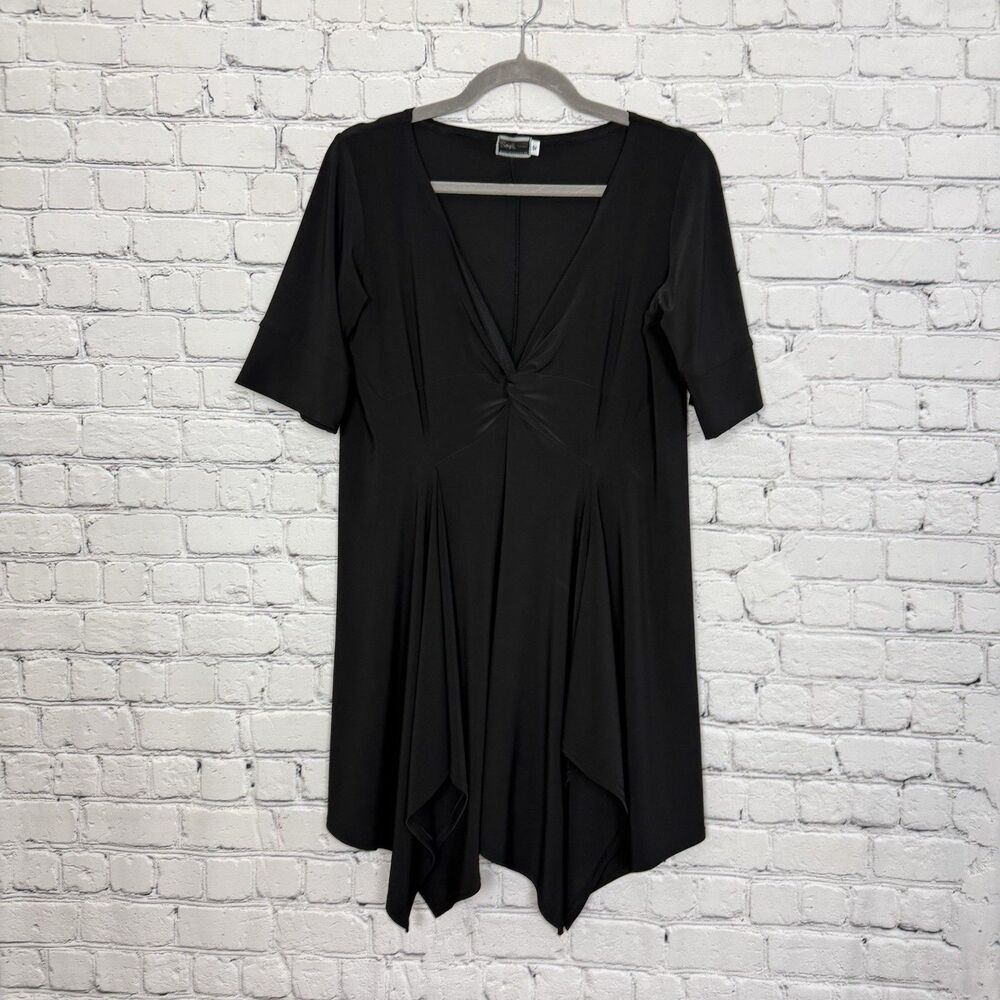 Sympli Women Black Asymmetric Tunic Top Stretch Jersey Knit Size 12 Short Sleeve